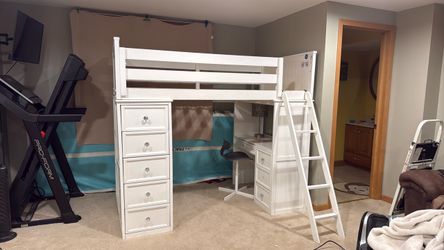 White Loft Bed with Dresser and Desk