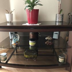 TV Stand, Dark Sherry Wood with Tinted Glass