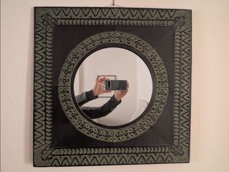 Rustic distressed square decorative mirror 21 x 21, bas relief embossed metal frame