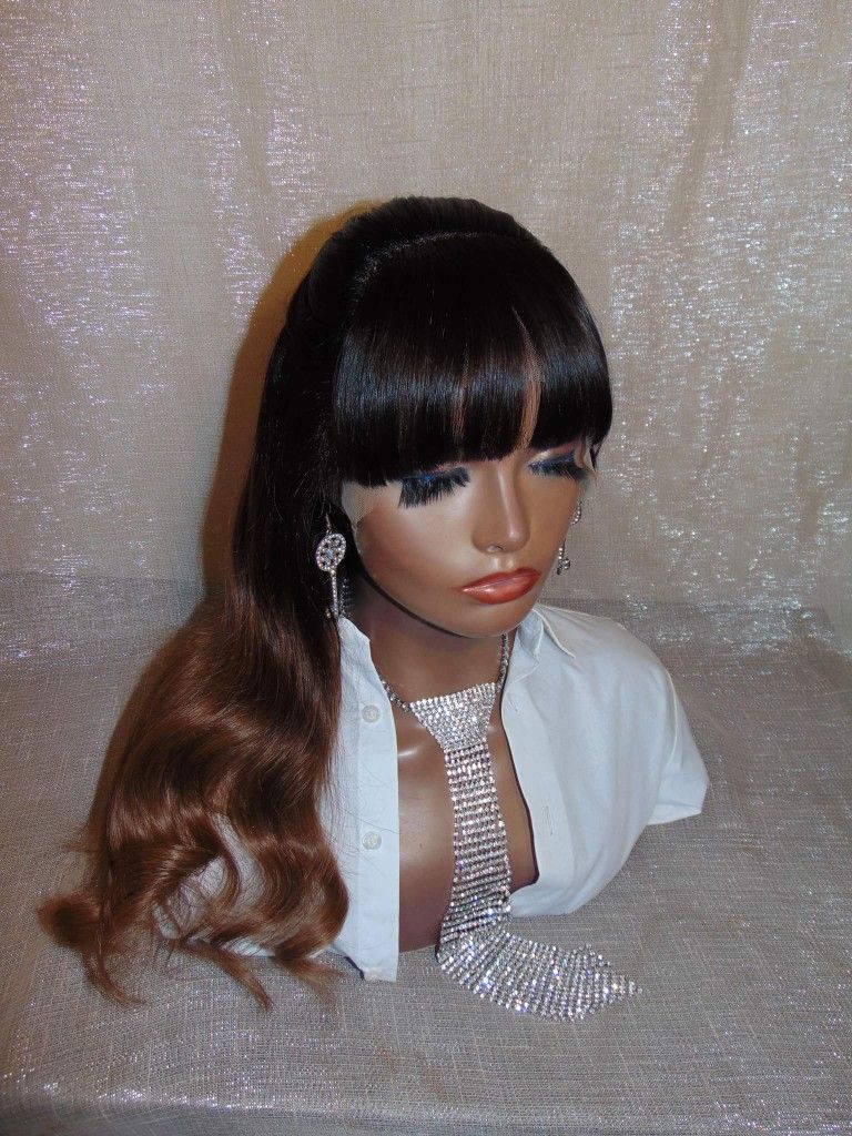20 Inch Human Hair Ombre Lace Front Wig Ombre Black/Honey Brown With Bangs