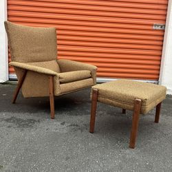 Vintage Mid Century Modern Folke Ohlsson Style High Back Lounge Chair with Ottoman and Teak Legs