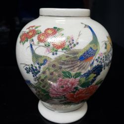 5 7/8" Japanese Craquelure Porcelain Jar Peacock Design