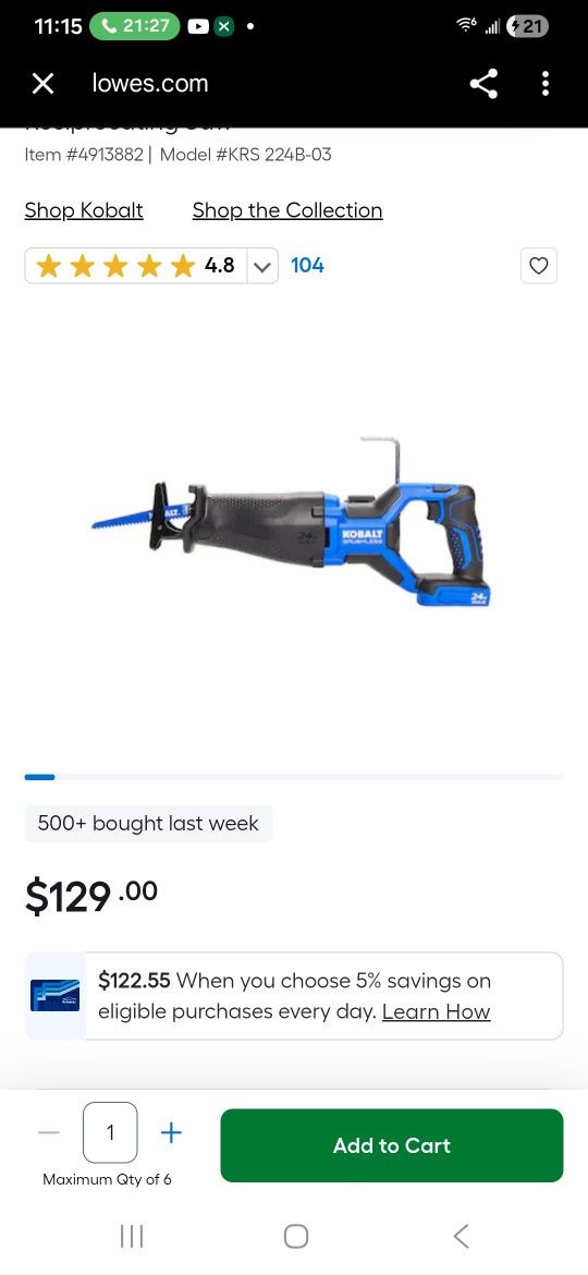 Kobalt 24-volt Variable Speed Brushless Cordless Reciprocating Saw