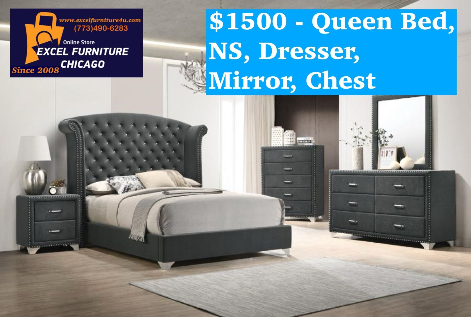Brand New 5PC Grey Queen Size Bedroom Set