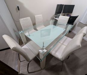 White Modern Glass Dining Table Set w/ 6 Chairs