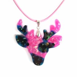 Deer reindeer pink black blue resin pendant on pink cord necklace 18" new 