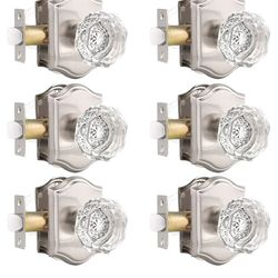 3612: New Gobrico 6pk Satin Nickel Passage Door Knobs, Crystal Glass Interior Door Knobs for Hall Closet, Keyless Clear Diamond Glass Door Lock Handle