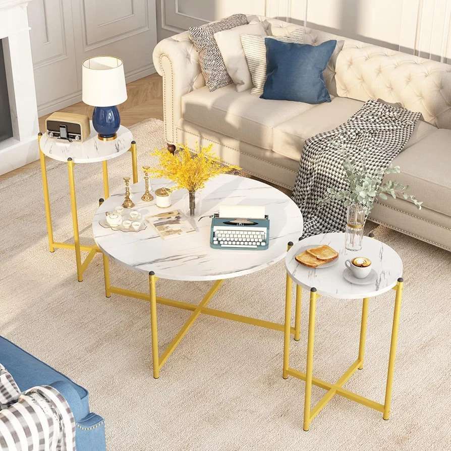 Coffee Table Set of 3, Modern Round Coffee Table & 2pcs End Table Faux Marble Tabletop with Cross Base Frame, Modern Living Room Table Sets for Apartm