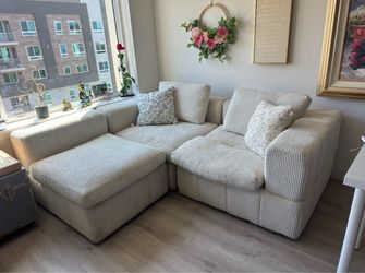 Cream Corduroy Modular Sectional Sofa with Ottoman