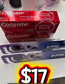 Kit de Blanqueamiento Dental: 3 Pastas Colgate Optic White + 2 Cepillos Oral-B Charcoal - $17