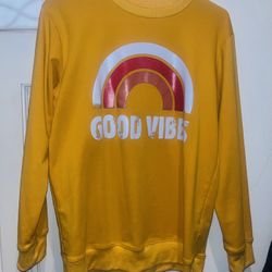 Yellow “Good Vibes” Rainbow Sweatshirt | Graphic Crewneck Pullover | Size XS/S (70% Cotton)