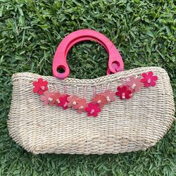 Pink Coral Boho Beach Woven Straw Clutch Bag Floral Detail
