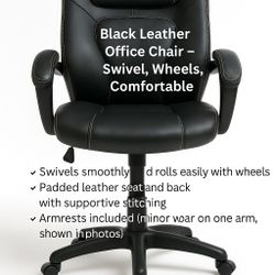 Black Leather Office Chair – Swivel, Wheels, Comfortable