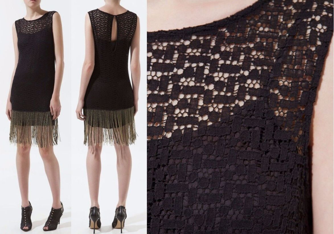 Zara Guipure Crochet Lace Diamante Fringe Dress M