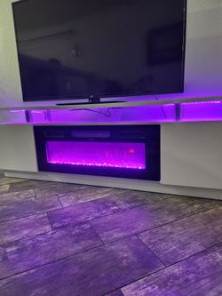Modern white tv stand electric fireplace heater with storage multi color led lights