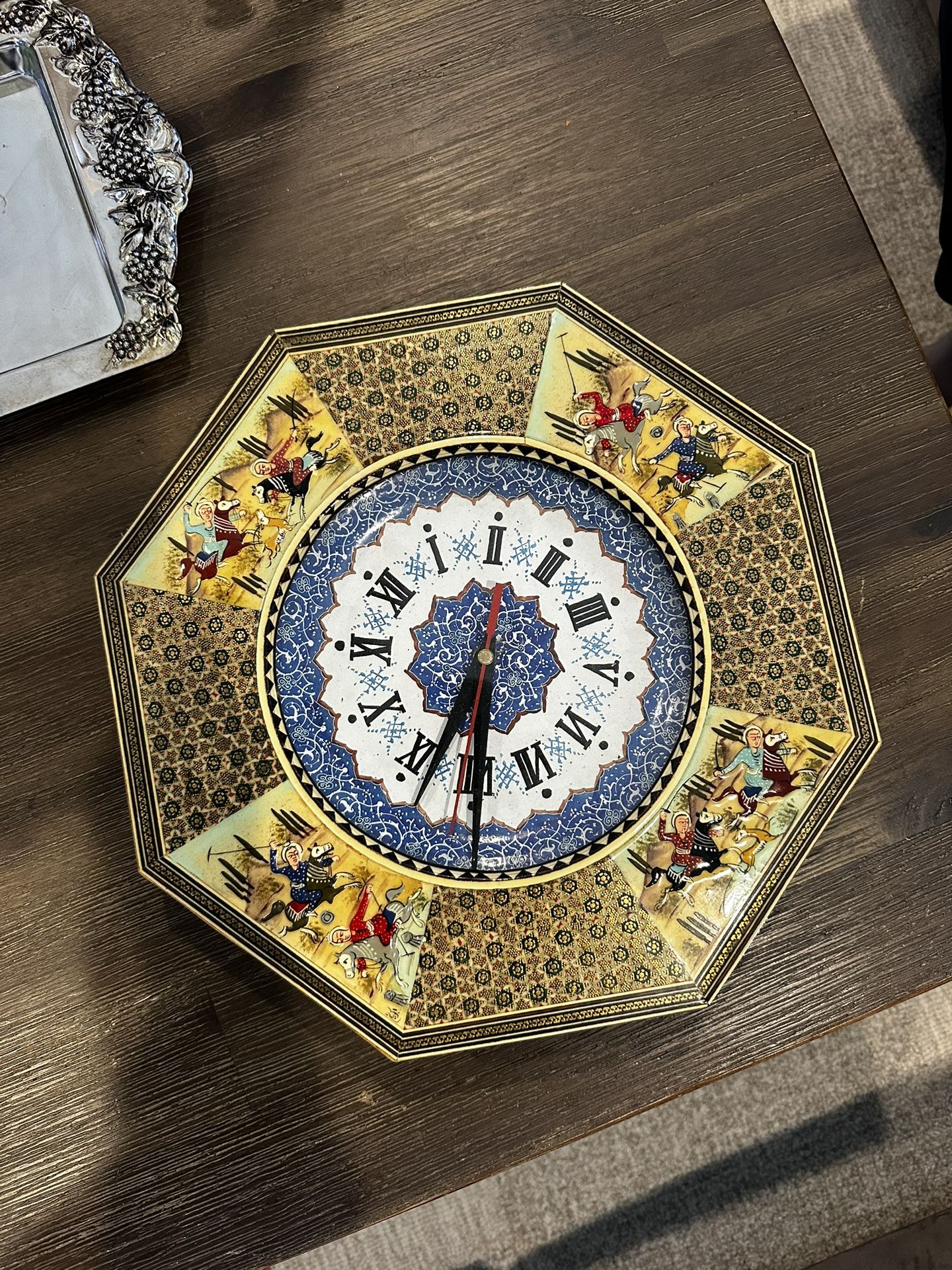 Khatam Persian Horse Inlaid Wall Clock Marquetry Handmade Middle Eastern
