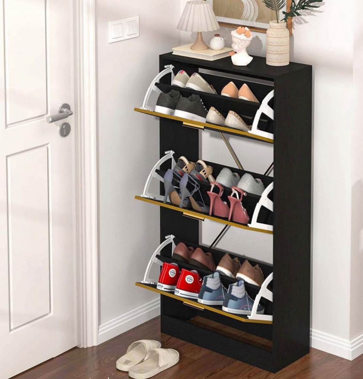 Shoe Cabinet Storage, 3 Tier Freestanding Narrow Hidden Wooden Hallway Shoe Rack with 3 Fli