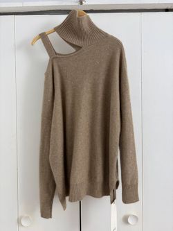 Taupe Sequin Turtleneck Sweater – Asymmetric Cut-Out Neckline, Relaxed Fit