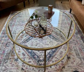 Round Coffee Table, 35.4-Inch Dia. Glass Table with Golden Steel Frame, Living Room Table, Robust Tempered Glass, Stable, Gold ULGT21G