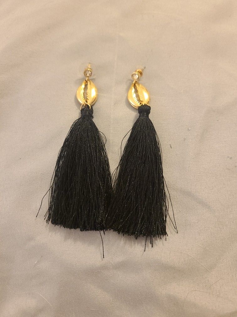 New. Gold, With Diamond And Black Tassel Dangle Earrings.