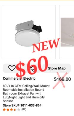 NEW Commercial Electric 80/110 CFM Bathroom Exhaust Fan with LED & Humidity Sensor