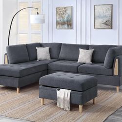 Brand New Grey Chenille Sectional Sofa w Storage Ottoman 