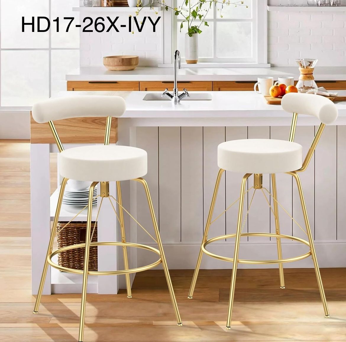 26" Bar Stools Set of 2 Swivel Counter Height Bar Stools with Round Larger Seat, Gold with Back