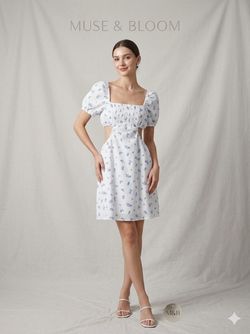 White & Blue Floral Cut-Out Mini Dress