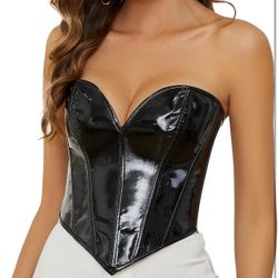 XS Strapless Corset Top Women Patent PU Leather Corset Top Lace-up Bodyshaper Steampunk Zipper Bustier Vest