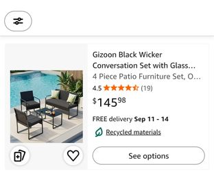 Gizoon Black Wicker Conversation Set with Glass Coffee Table
4 Piece Patio Furniture Set, Outdoor Rattan Furniture , for Backyard, Poolside, Porch, La