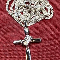 Stunning Vintage Sterling Silver Cross With 3 Diamonds On 925 Italy 19” Chain