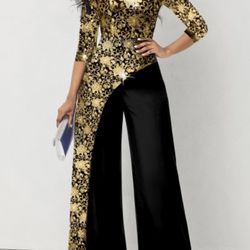 Glamorous Gold And Black Floral Jumpsuit -Perfect For Special Occasions
