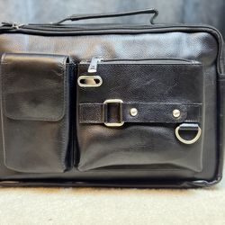 Black Genuine Leather Crossbody Messenger Bag Organizer with Adjustable Strap 
