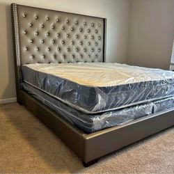 Grey/Campaign Tufted Upholstered King And Queen Size Bed Set/Mattress | Same Day Delivery