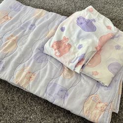 Twin Size Cat Themed Comforter, Flat & Fitted Sheet