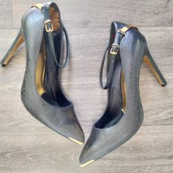 Ted Baker Ankle Wrap Black Pumps Heels Stiletto w/ Gold Details Womens Size 40.5