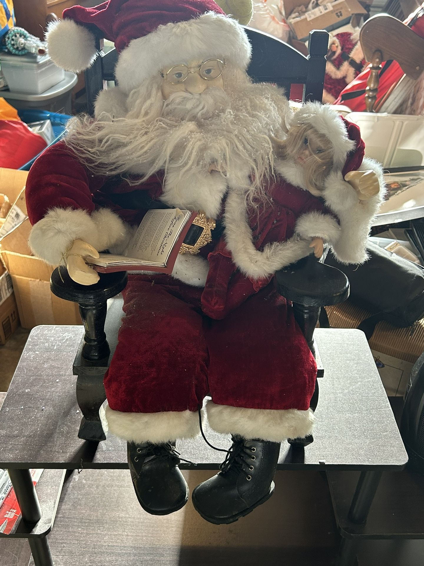 Vintage Santa Claus Decoration 24” Wooden Chair Holding Doll And Story Book