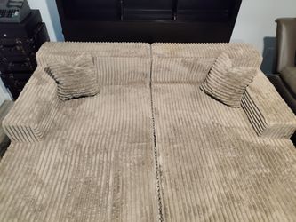 Beige Corduroy Sectional Sofa with Pillows