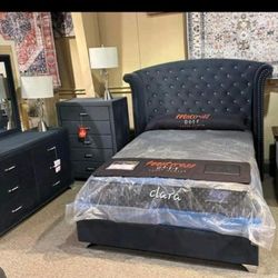 Grey Velvet Bedroom Set 4 Pcs New Tufted Bed Crystals New Bed Dreseer Mirror Nightstand