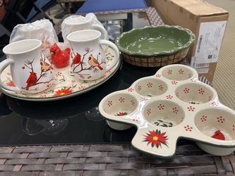 Holiday Dinnerware Set - Cardinal Theme - Ceramic Festive Serveware - Used