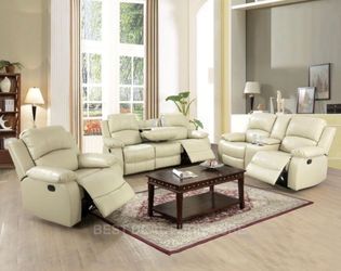 Beige leather fully reclining 3 piece couch set