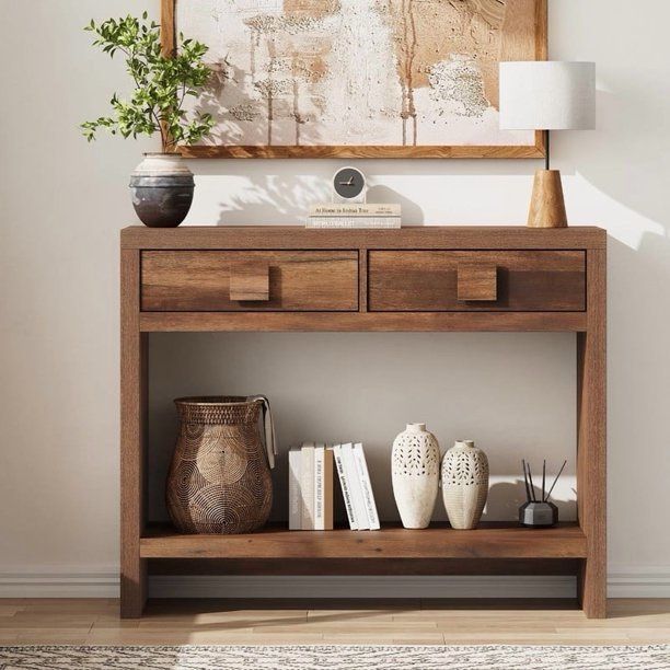 Console Table with Drawers, 40 Inch Narrow Entryway Table with Open Storage Shelves for Living Room  2 Drawers & Open Storage Shelf Design】O