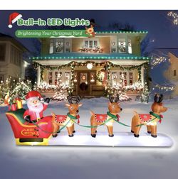 12 FT Christmas Inflatables Outdoor Decorations Santa Claus on Sleigh, Blow Up 3 Reindeers Pulling Santa's Sleigh with Gift Boxes, Built in LED Lights