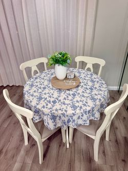 Round Pedestal Dining Table + 4 Upholstered Chairs – Antique White