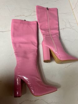 Pink Croc Embossed Knee-High Heeled Boots - Size 37 (US 6.5)