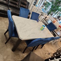 Dining Table 6 Chairs White Marble Faux With Blue Chairs 