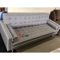 Tufted Linen Fabric Upholstered White Piping Click Clack Futon Square Armrest Sofa Bed with Tapered Legs and Matching Pillows  // Limited Time Offer .