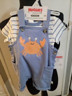 Huggies cotton crab shortall set blue dungaree with a  orange crab graphic with a striped short-sleeve tee size 3M