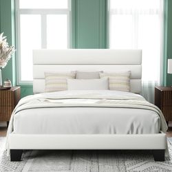 Queen Size Platform Bed Frame with Velvet Upholstered Headboard and Wooden Slats Support, Fully Mattress Foundation/No Box Spring Needed/Ea