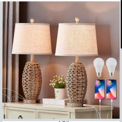Rattan Table Lamps Set of 2 Touch Bedside Lamps with USB Charging Ports